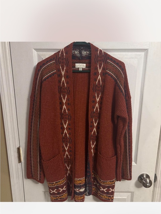 Lucky Brand Sweaters - Lucky Brand Rust Brown Open Aztec-Trim Cardigan